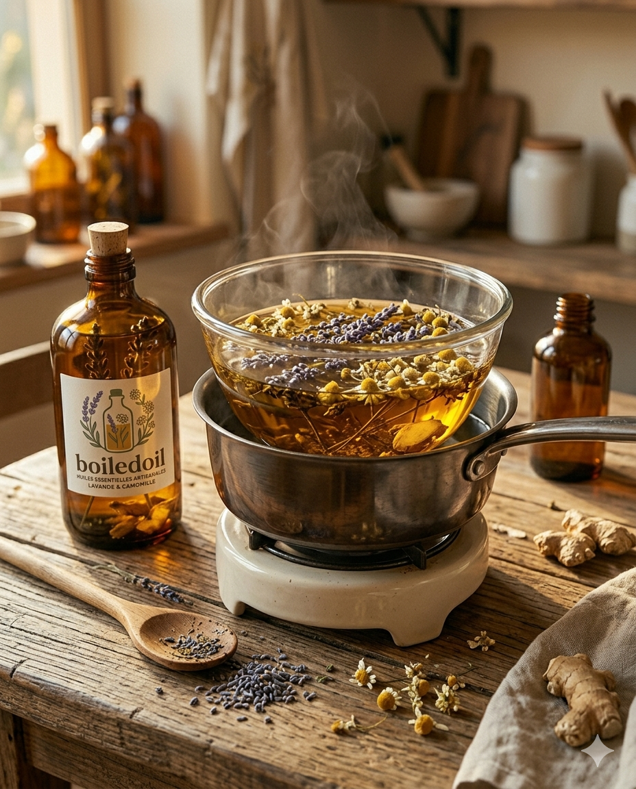 Preparation d'huile infusee chauffee lentement